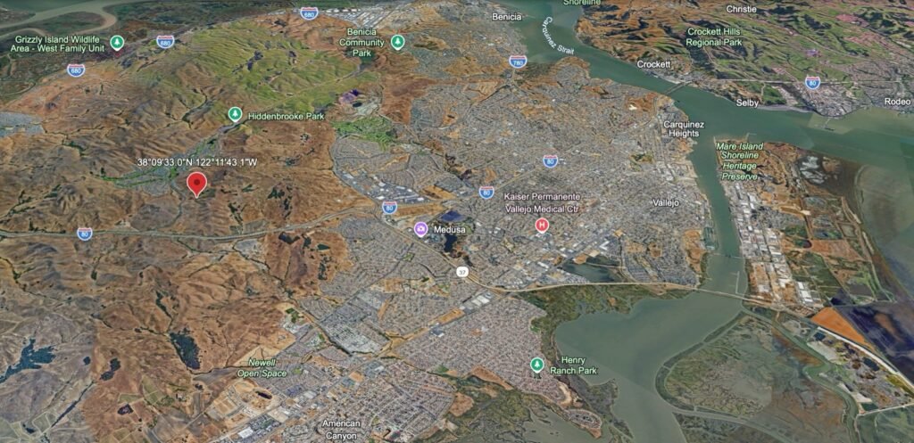 Google Earth aerial view showing the parcel location relative to Vallejo, Benicia, and the Carquinez Strait, California