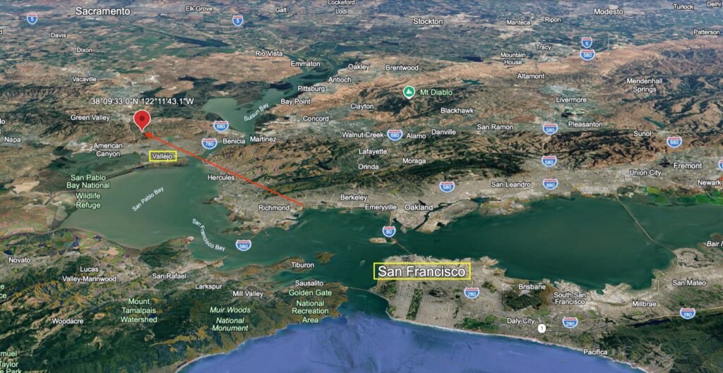 Regional map showing parcel APN 0182301020 near Vallejo, California relative to San Francisco and the Bay Area